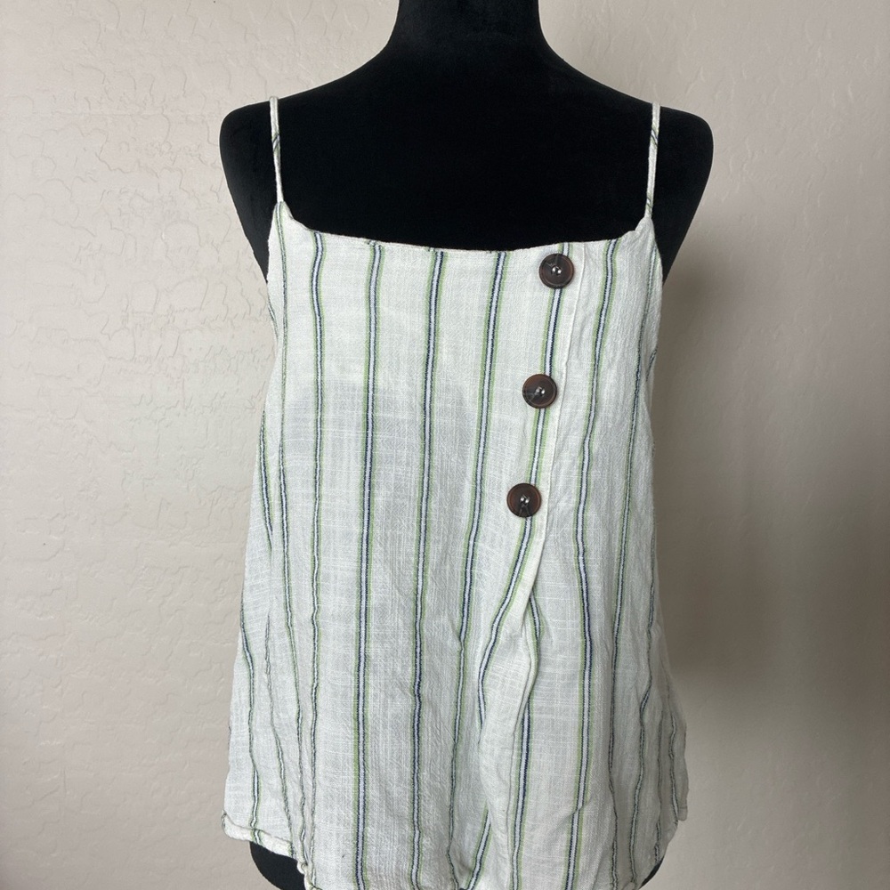 E&M Striped Button Front Camisole Tank White Green Blue Women’s Large
